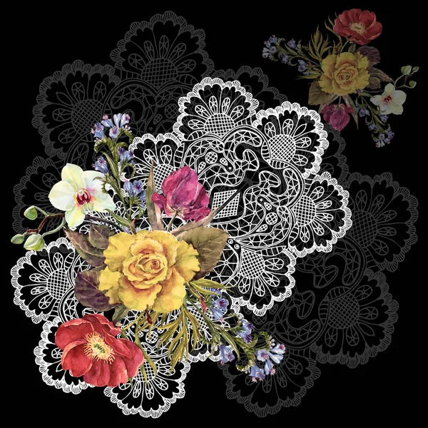 Watercolor Bouquet Flowers Napkin Handiwork Illustration Black Background — Stock Photo, Image