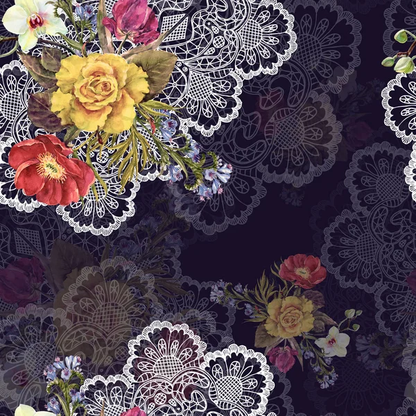 Akvarell Csokor Virágot Egy Szalvétára Kézimunka Seamless Pattern Lila Háttér — Stock Fotó