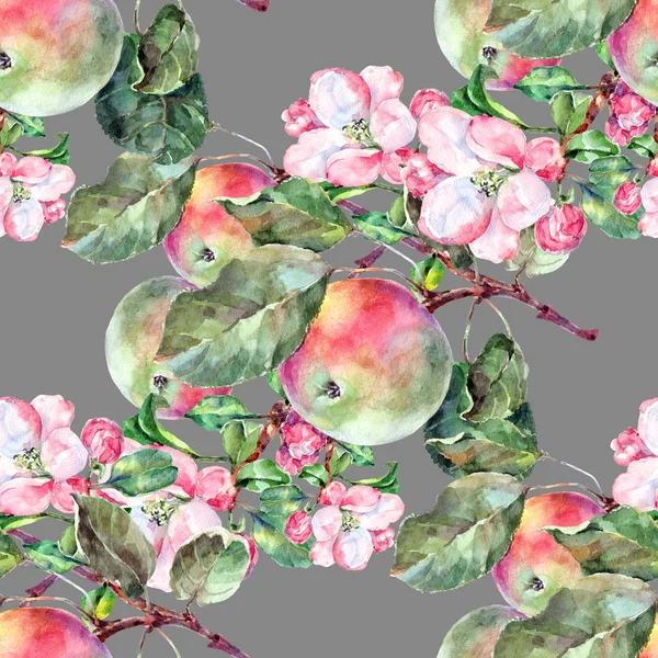 Suluboya Çiçek Meyve Elma Gri Bir Arka Plan Üzerinde Çiçek — Stok fotoğraf