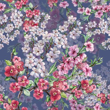 Mavi bir arka plan üzerine suluboya buket bahar Flowers.Blooming ağaç Seamless Modeli.