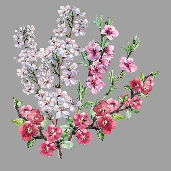 Watercolor Bouquet Spring Flowers Blooming Tree Illustration Gray Background — Stock Photo, Image