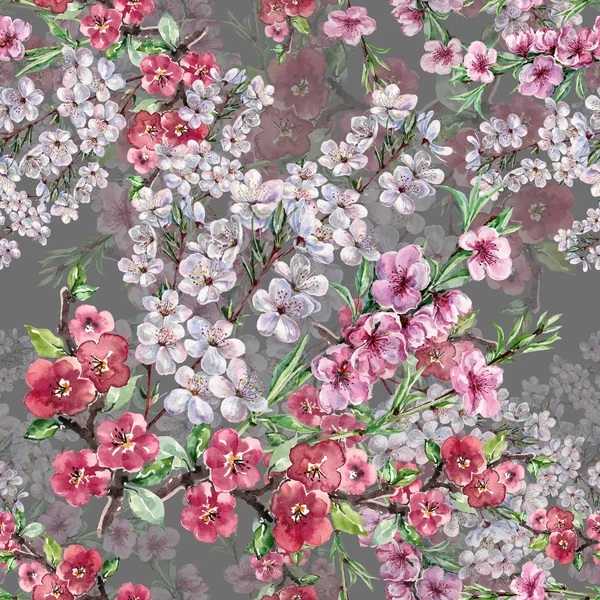 Suluboya Buket Bahar Flowers Blooming Ağaç Dikişsiz Desen Gri Bir — Stok fotoğraf