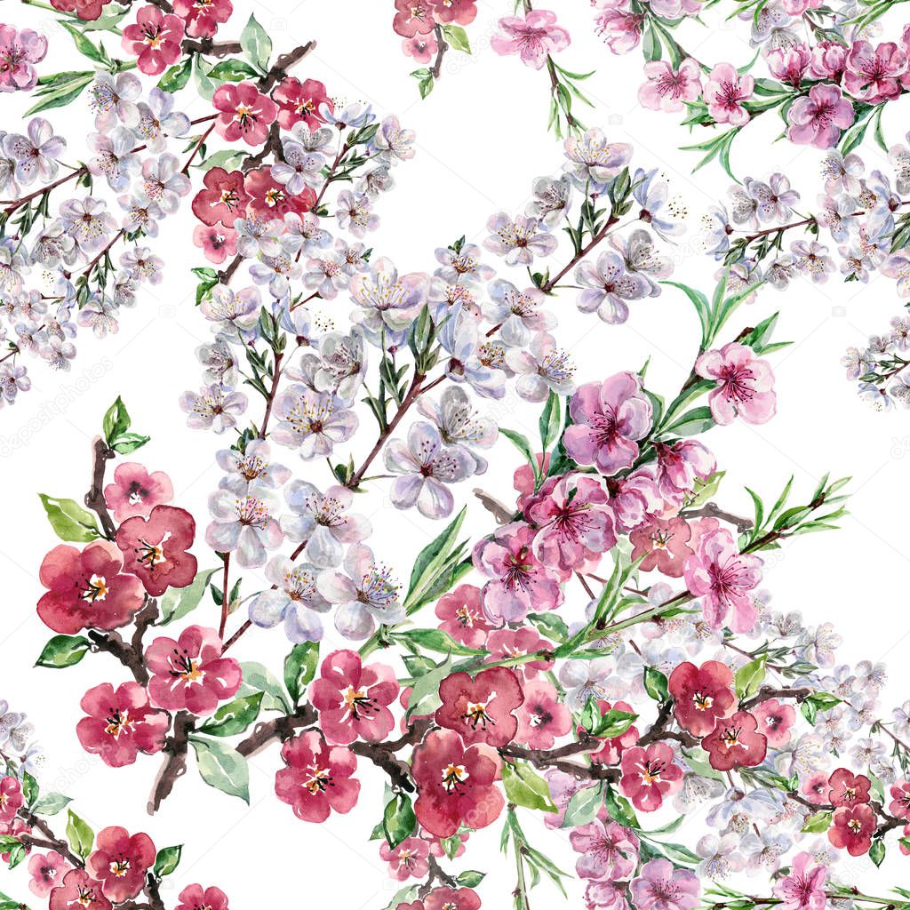 Watercolor Bouquet Spring Flowers. Blooming Tree. Seamless Pattern on a White Background.