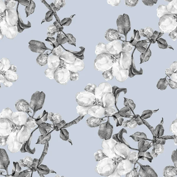 Černobílý Vzor Bezešvé Větev Květiny Jablko Modré Pozadí — Stock fotografie