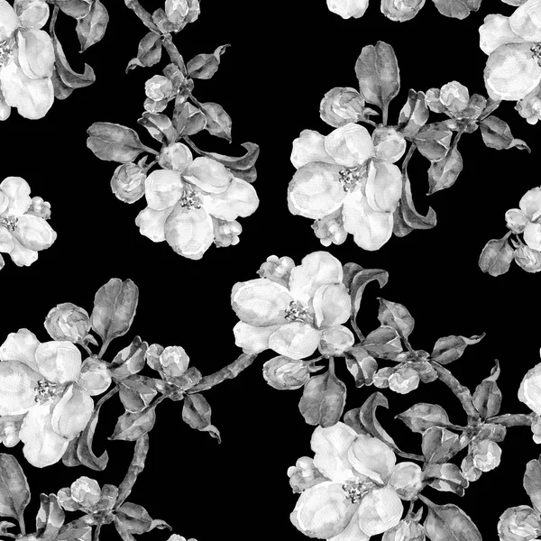 Černobílý Vzor Bezešvé Větev Květiny Jablko Černé Pozadí — Stock fotografie
