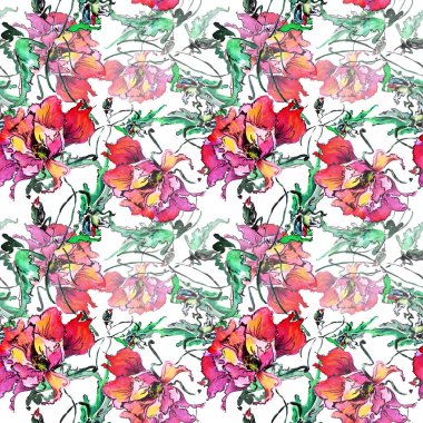 Sulu boya dekoratif renkli poppy küçük. Çiçek seamless modeli. Beyaz arka plan.