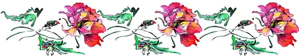 Papoula Decorativa Aquarela Fronteira Ilustração Floral — Fotografia de Stock