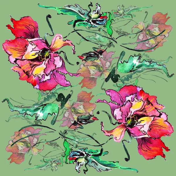 Akvarelu Dekorativní Mák Květinové Kompozice Zeleném Pozadí — Stock fotografie