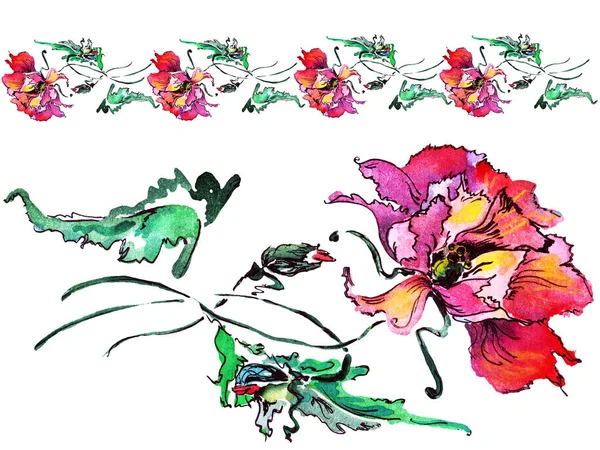 Akwarela Dekoracyjna Poppy Ilustracja Kwiat Kwiatowy Wersja Pozioma — Zdjęcie stockowe