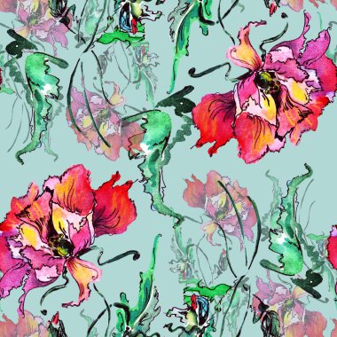 Sulu boya dekoratif poppy. Çiçek seamless modeli. Açık mavi renkli üstünde yorum.