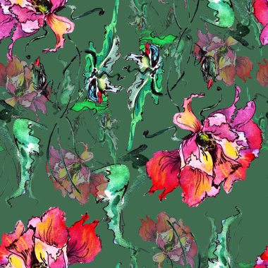 Sulu boya dekoratif poppy. Çiçek seamless modeli. Koyu yeşil arka plan üstünde yorum.