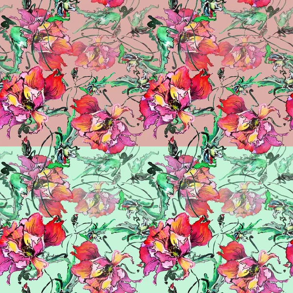 Papoula Colorida Decorativa Aquarela Padrão Sem Costura Floral Fundo Diferente — Fotografia de Stock