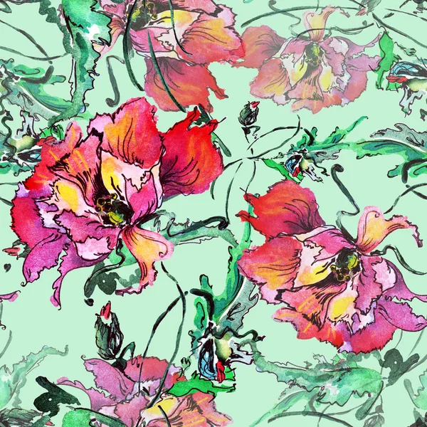Акварельний Декоративний Мак Квітковий Безшовний Візерунок Версія Зеленому Тлі — стокове фото