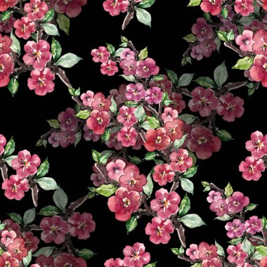 Suluboya dal çiçek elma. Siyah arka plan üzerine Dikişsiz desen.