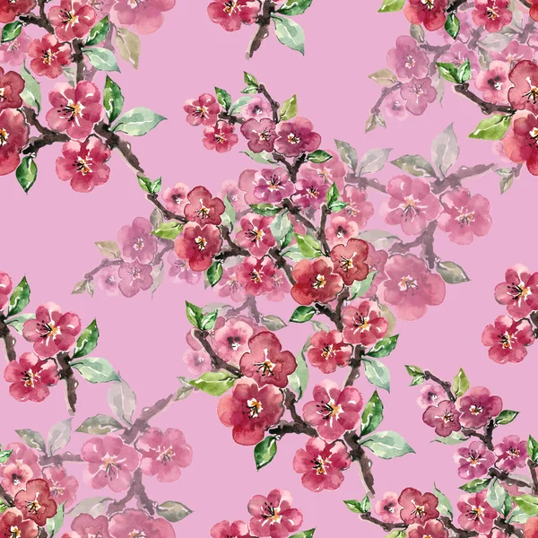 Watercolor branch flowers apple. Seamless pattern on pink background.