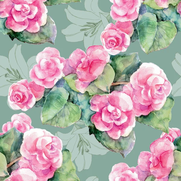 Aquarell Rosa Begonie Mit Grafischer Lilie Nahtloses Muster Auf Grünem — Stockfoto