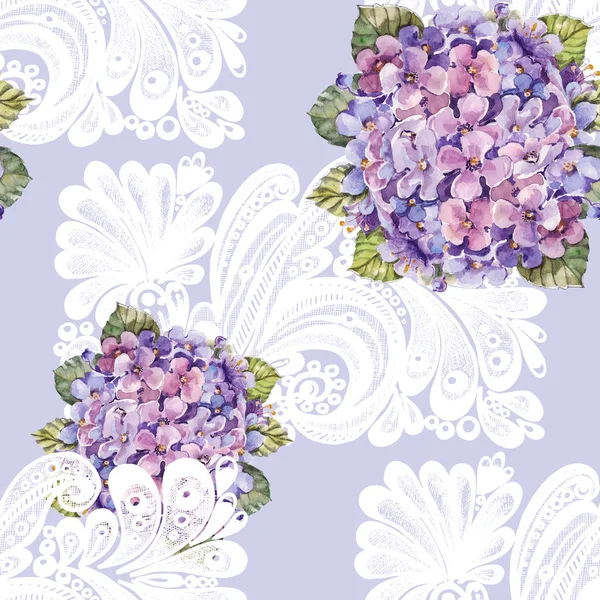 Watercolor Bouquet Hydrangea Background White Napkin Blue Color Seamlessly — Stock Photo, Image