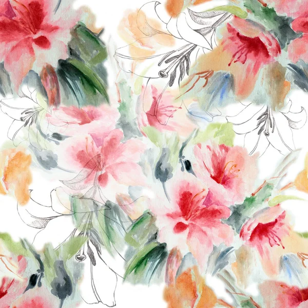 Watercolor Bouquet Chinese Rose Draphic Lily Floral Seamless Pattern White — Stock Photo, Image