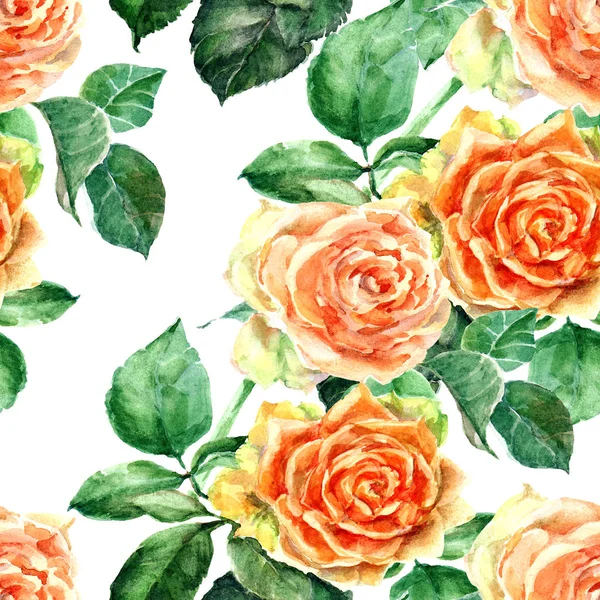 Watercolor Orange Roses Floral Seamless Pattern — Stock Photo, Image