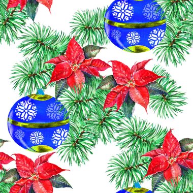 Beyaz arka planda suluboya Noel hediyesi. Kusursuz desenli Noel elementleri ve kar taneleri.