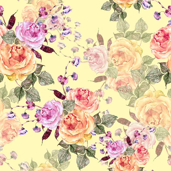 Букет Квітів Троянд Гурікоту Квітковий Безшовний Візерунок Жовтому Тлі — стокове фото