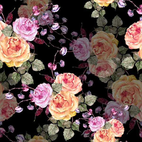 Bouquet Flowers Rose Haricot Floral Seamless Pattern Black Background — Stock Photo, Image