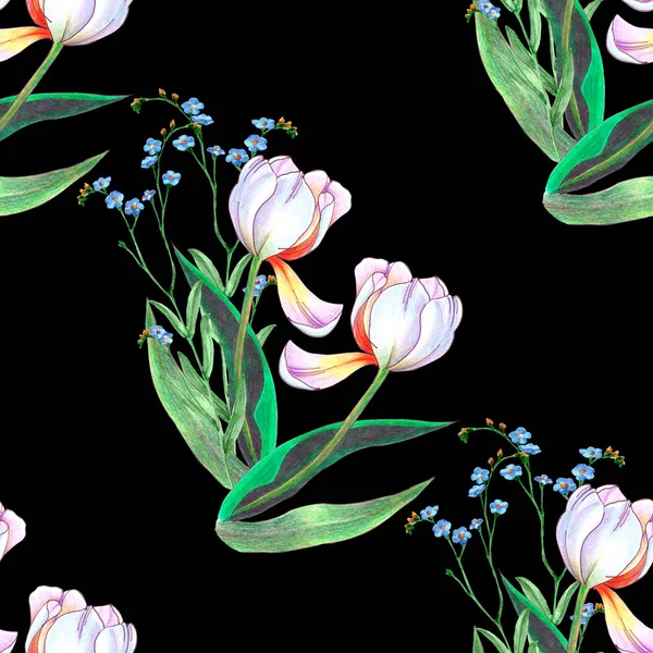 Υδατογραφία Άνοιξη Λουλούδια Τουλίπα Και Αγριολούλουδα Μαύρο Φόντο Floral Μοτίβο — Φωτογραφία Αρχείου