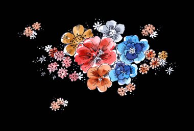 Siyah arka planda suluboya çiçekleri. Çiçek illüstrasyonu.