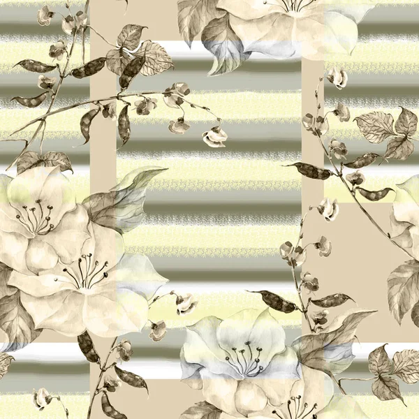 Aquarell Frühlingsblumen Mit Haricot Blumen Florales Nahtloses Muster Auf Streifenhintergrund — Stockfoto
