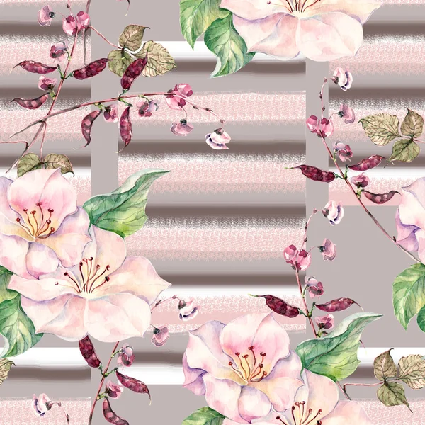 水彩缤纷的春花 绿油油的花朵 条纹背景上的植物无缝图案 粉色版本 — 图库照片