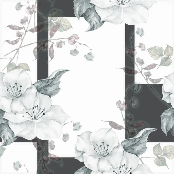 ハリコットの花と水色の春の花 額の背景に花のシームレスなパターン ホワイトバージョン — ストック写真