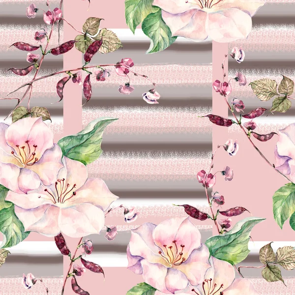 Watercolor Spring Flowers Haricot Flowers Floral Seamless Pattern Stripes Background — Stock Photo, Image