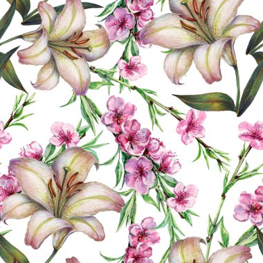WATERCOLOR FLOWERS PEACH AND LILY COLORED PENCILS. FLORAL SEAMLESS PATTERN ON WHITE BACKGROUND.