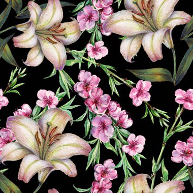 WATERCOLOR FLOWERS PEACH AND LILY COLORED PENCILS. FLORAL SEAMLESS PATTERN ON BLACK BACKGROUND.