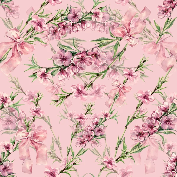 Watercolor Flowers Peach Ribbon Pink Background Floral Seamless Pattern — Stok fotoğraf