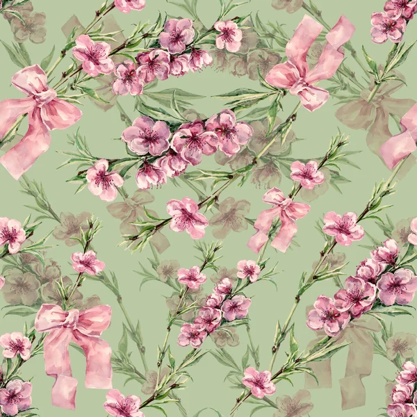 Watercolor Flowers Peach Ribbon Green Background Floral Seamless Pattern — Stok fotoğraf