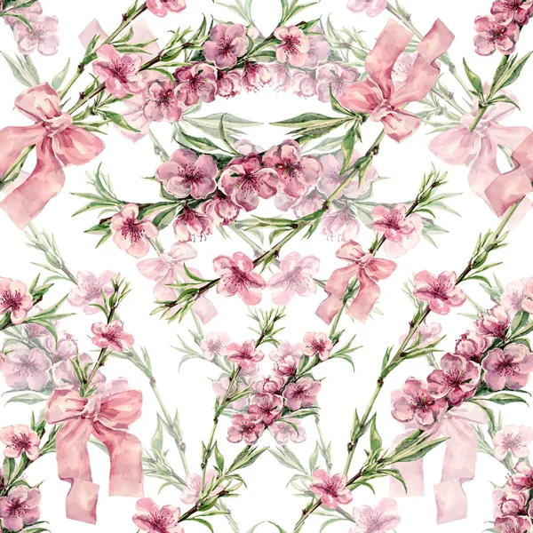 Watercolor Flowers Peach Ribbon White Background Floral Seamless Pattern — Stok fotoğraf