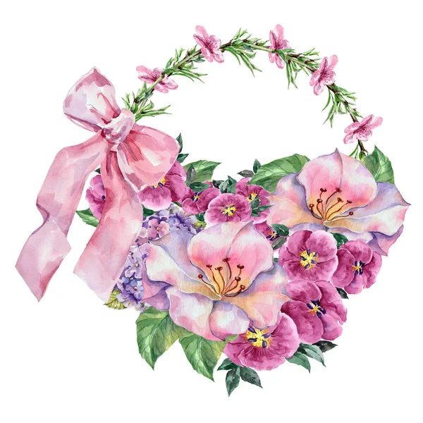 Flores Primavera Aquarela Com Fita Cesta Flores Ilustração — Fotografia de Stock