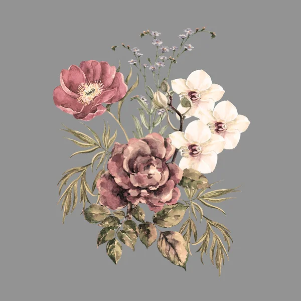 Akwarelowe Kwiaty Ogrodowe Elegancki Bukiet Ilustracja Kwiatowa — Zdjęcie stockowe