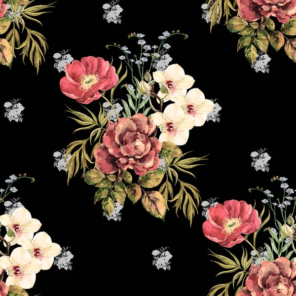 水彩花园花 精致的花束黑色背景的花纹无缝图案 — 图库照片