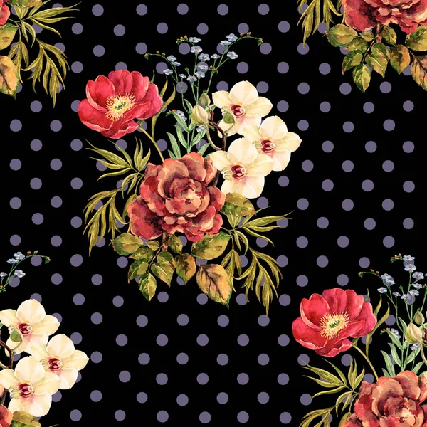 Akvarell Trädgård Blommor Elegant Bukett Blommig Sömlös Mönster Svart Bakgrund — Stockfoto