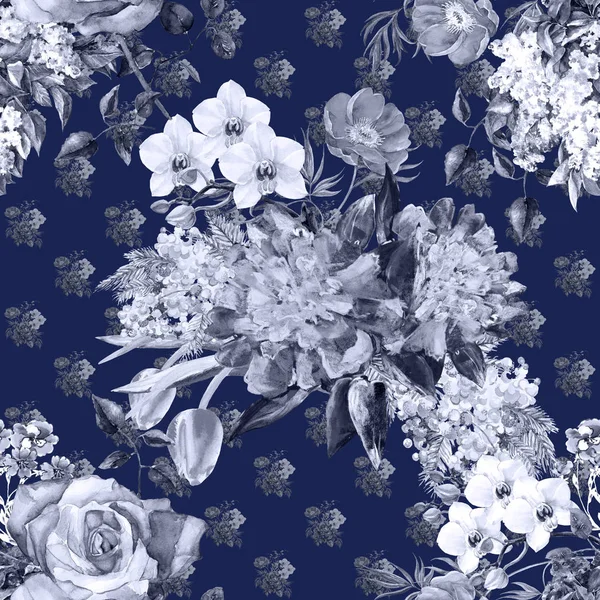 Flores Buquê Monocromáticas Padrão Sem Costura Floral Fundo Azul — Fotografia de Stock