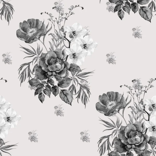 水彩花园花 精致的花束灰色背景的植物无缝图案 — 图库照片
