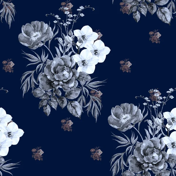 Watercolor Garden Flowers Elegant Bouquet Floral Seamless Pattern Dark Blue — Stock Photo, Image