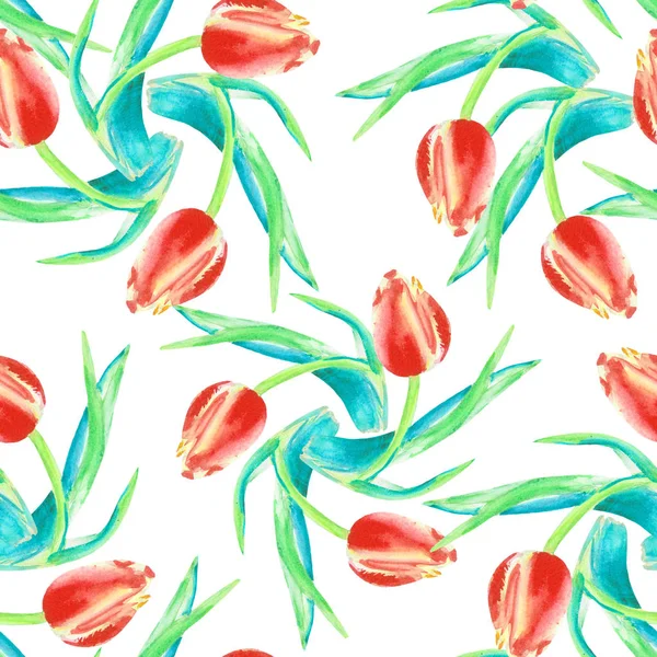 Watercolor Delicate Tulips White Background Floral Seamless Pattern — Stock Photo, Image