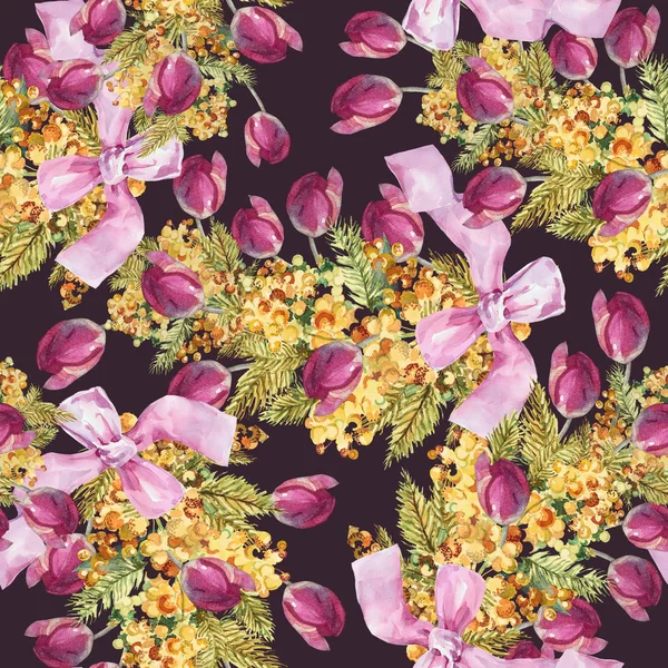 Акварельний Весняний Букет Темному Тлі Святковий Безшовний Візерунок Тюльпанів Мімозою — стокове фото