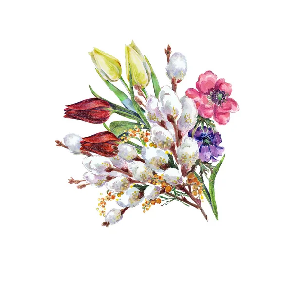 Acquerello Fiori Bouquet Primavera Illustrazione Floreale Sfondo Bianco — Foto Stock
