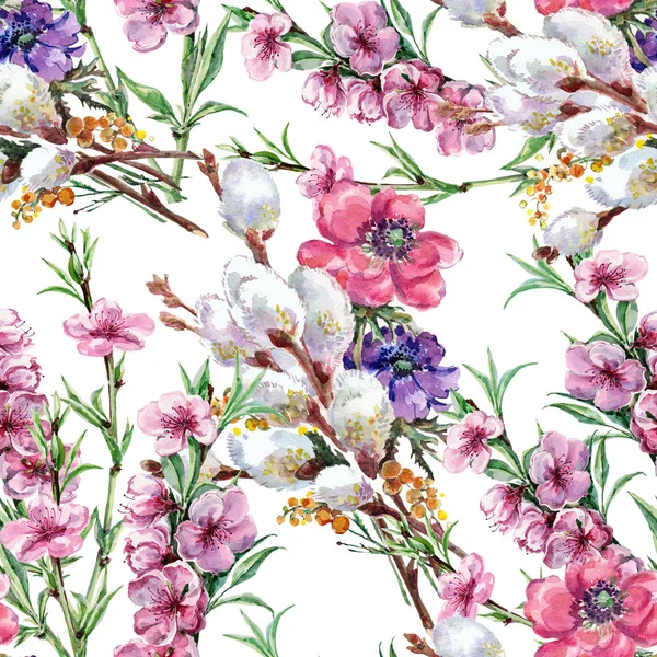Bahar Çiçekleri Suluboya Beyaz Arka Planda Çiçek Deseni — Stok fotoğraf