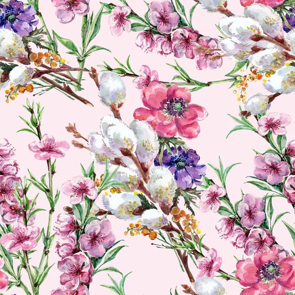 Акварельні Весняні Букетні Квіти Квітковий Безшовний Візерунок Рожевому Фоні — стокове фото