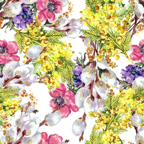 Акварельні Весняні Букетні Квіти Квітковий Безшовний Візерунок Білому Тлі — стокове фото